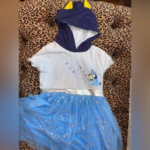 Casual Blue and White Dress with Sparkly Tulle Skirt